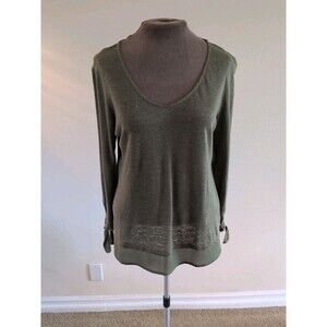 SANTUARY Linen Top XS LAGENLOOK ARMY GREEN LINEN Tee Shirt Bow Sleeves